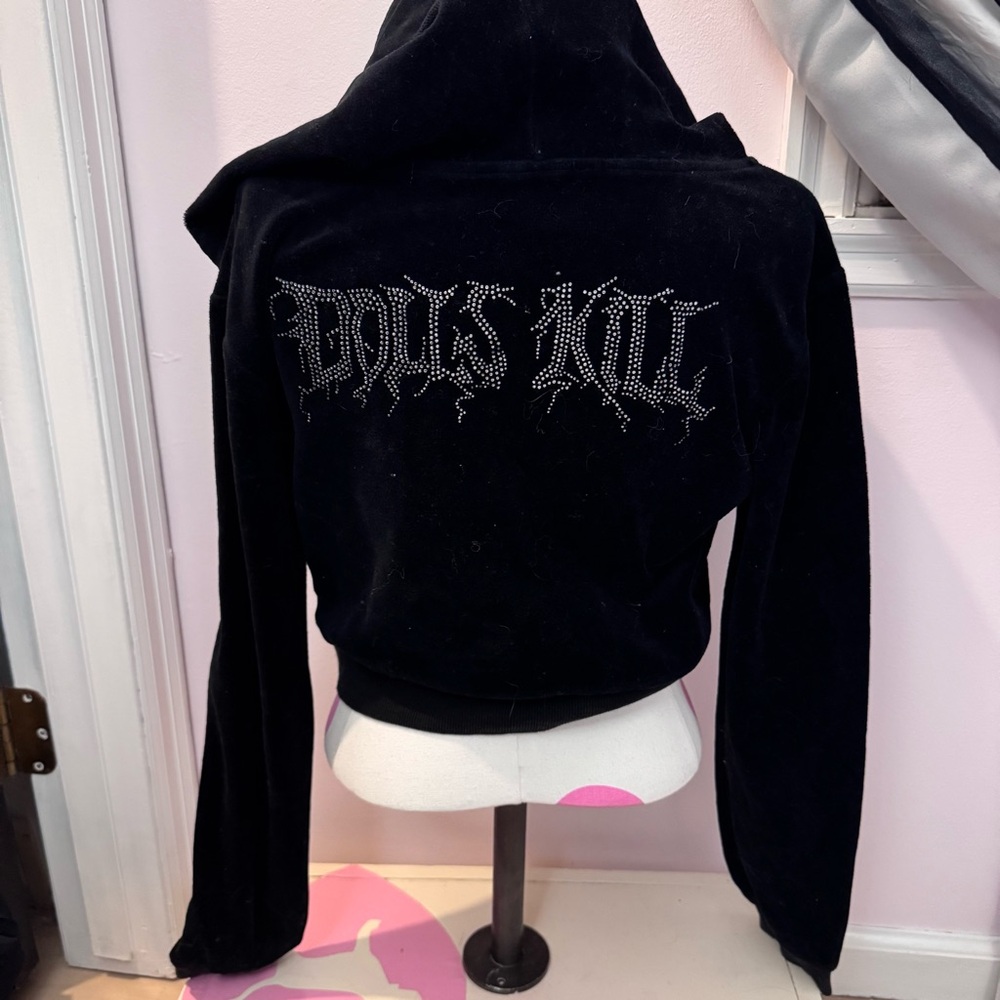 Dolls Kill Black Velour Hoodie Logo Rhinestone